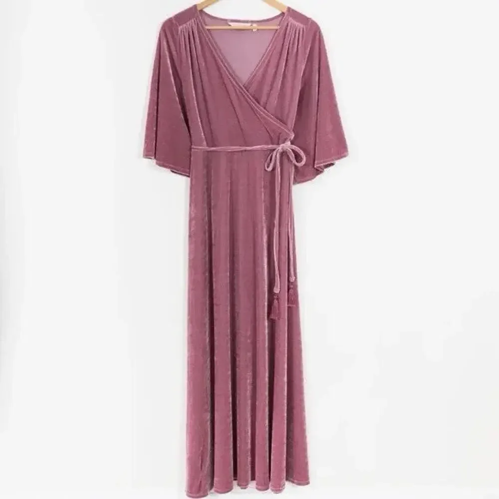 Soft Surroundings Pink Vera Velvet Faux Wrap Maxi Dress Wedding Holiday Dress LG - Picture 2 of 9